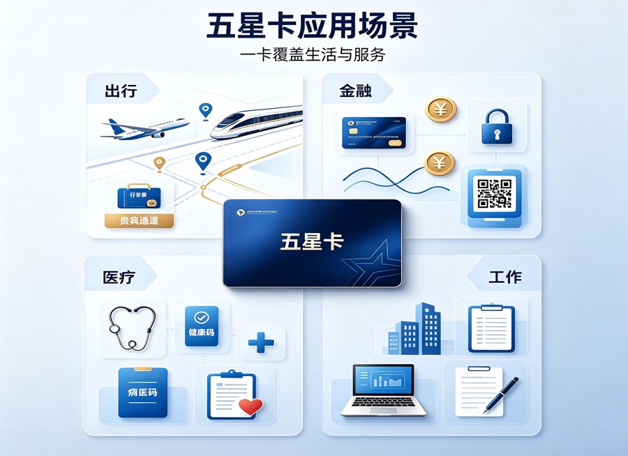 五星卡应用场景：出行、金融、医疗、工作
