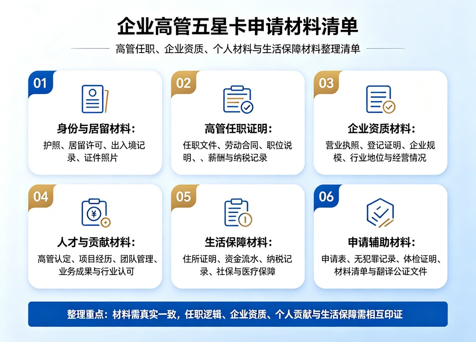 企业高管五星卡申请材料清单
